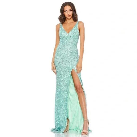 MAC DUGGAL MINT GREEN SEQUIN SLEEVELESS V-NECK‎ SLIT DRESS 1068 RARE STYLE! - Picture 1 of 8